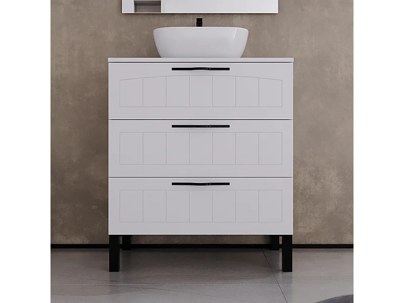 Meuble de salle de bain 60cm avec plateau et vasque à poser ovale - 3 tiroirs - sans miroir - blanc - CALA