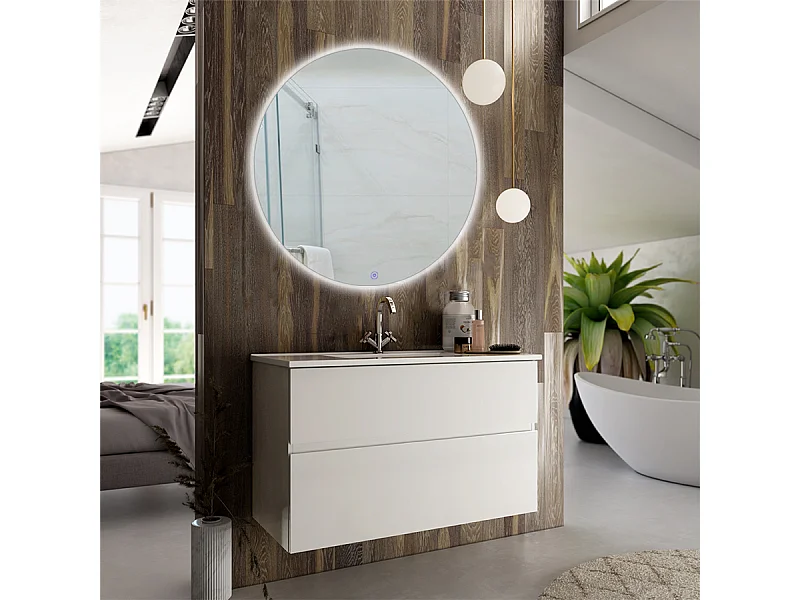 Meuble de salle de bain simple vasque - 2 tiroirs - MIG et miroir rond Led SOLEN - blanc - 70cm
