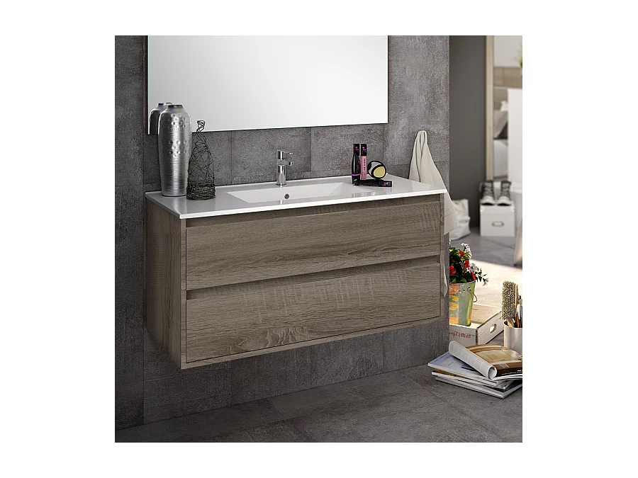 Meuble de salle de bain simple vasque - 2 tiroirs - IRIS et miroir Led STAM - britannia (chêne foncé) - 100cm