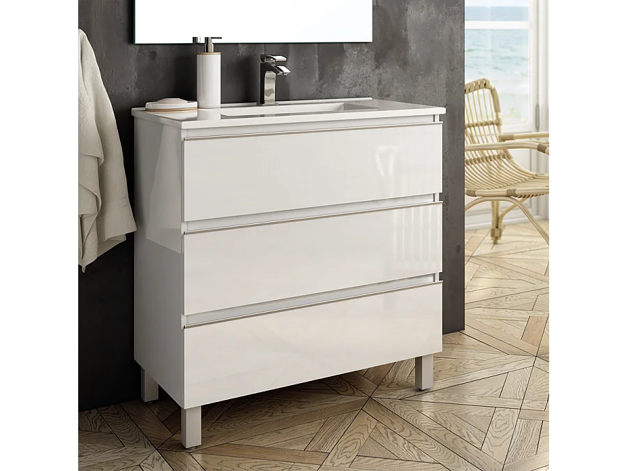 Meuble de salle de bain 70cm simple vasque - 3 tiroirs - sans miroir - PALMA - blanc