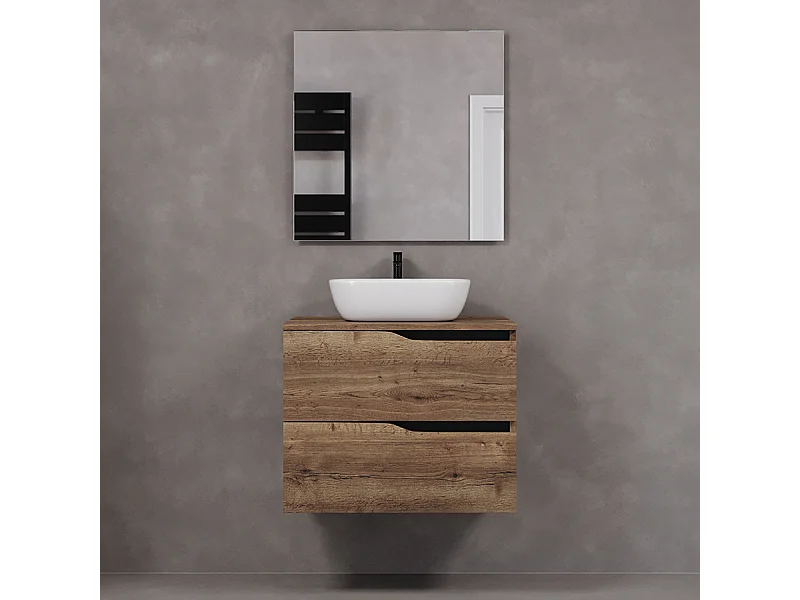 Meuble de salle de bain 60cm avec plateau et vasque à poser zeus - 2 tiroirs - tabaco (chêne foncé) - LUNA