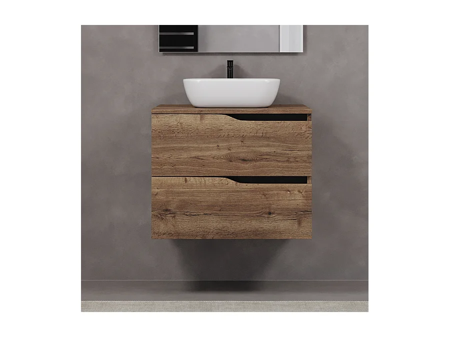 Meuble de salle de bain 60cm avec plateau et vasque à poser zeus - 2 tiroirs - tabaco (chêne foncé) - LUNA