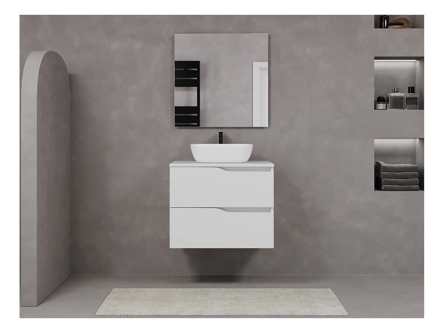 Meuble de salle de bain 80cm avec plateau et vasque à poser zeus - 2 tiroirs - sans miroir - blanc - LUNA