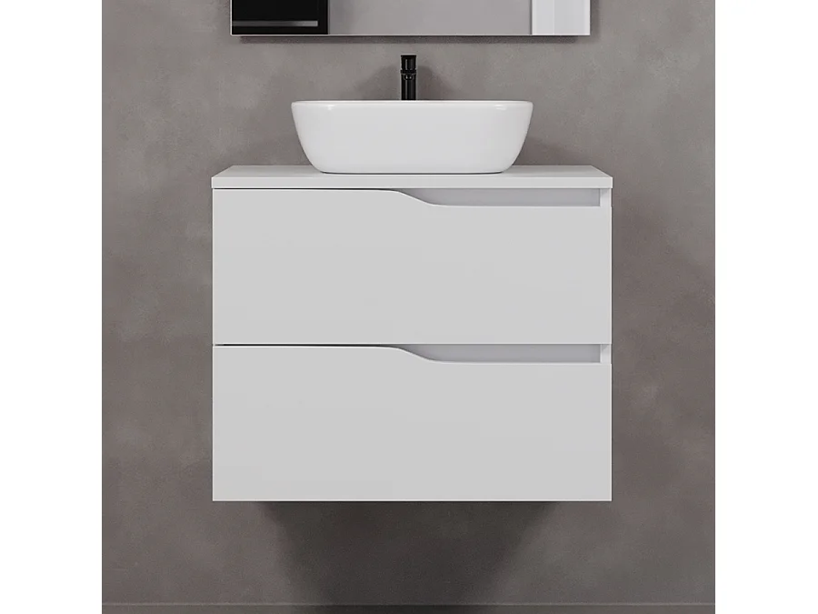 Meuble de salle de bain 80cm avec plateau et vasque à poser zeus - 2 tiroirs - sans miroir - blanc - LUNA