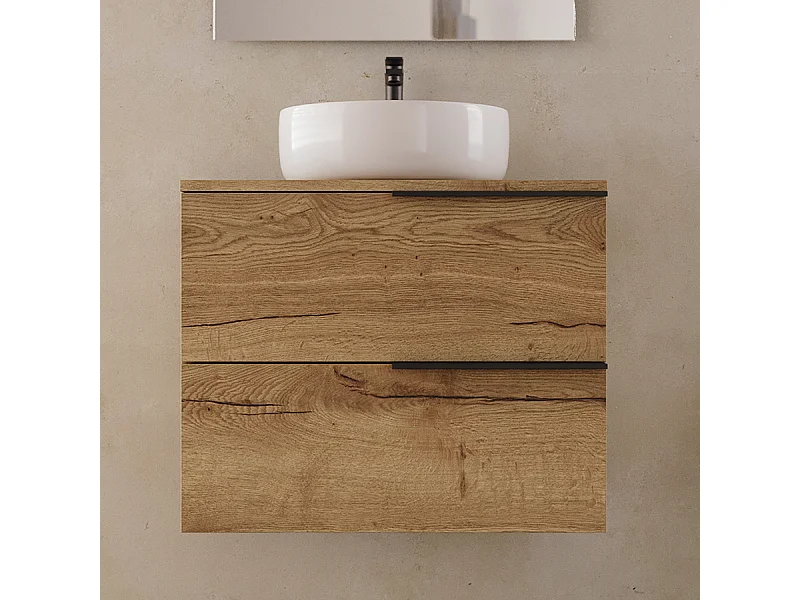 Meuble de salle de bain 60cm avec vasque à poser ronde - 2 tiroirs - sans miroir - roble (chêne clair) - KING