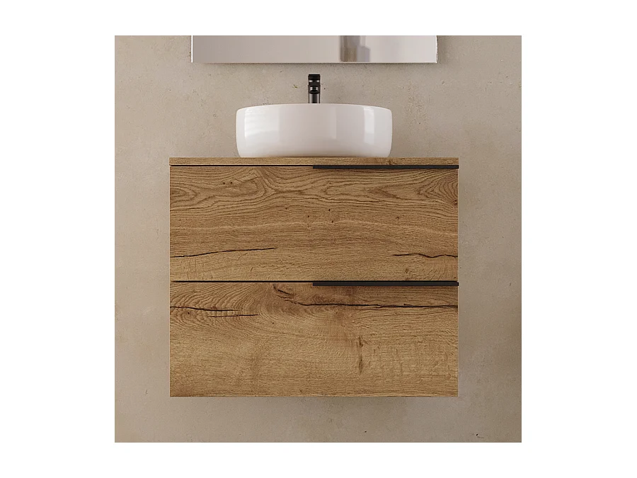 Meuble de salle de bain 60cm avec vasque à poser ronde - 2 tiroirs - sans miroir - roble (chêne clair) - KING