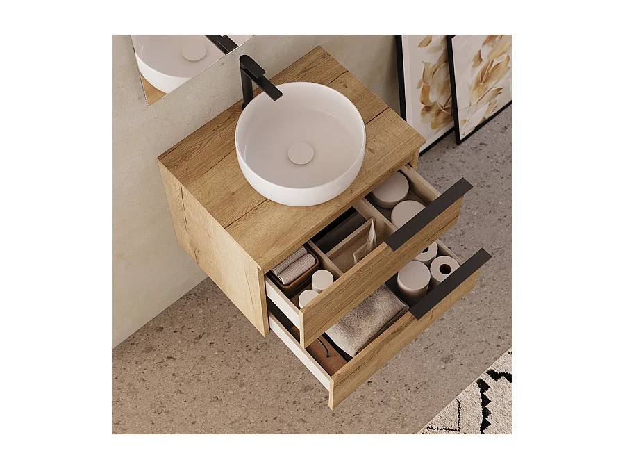 Meuble de salle de bain 60cm avec vasque à poser ronde - 2 tiroirs - sans miroir - roble (chêne clair) - KING