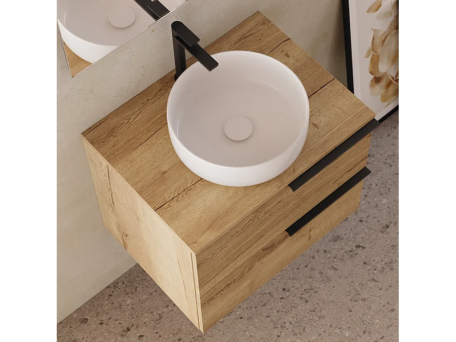 Meuble de salle de bain 60cm avec vasque à poser ronde - 2 tiroirs - sans miroir - roble (chêne clair) - KING