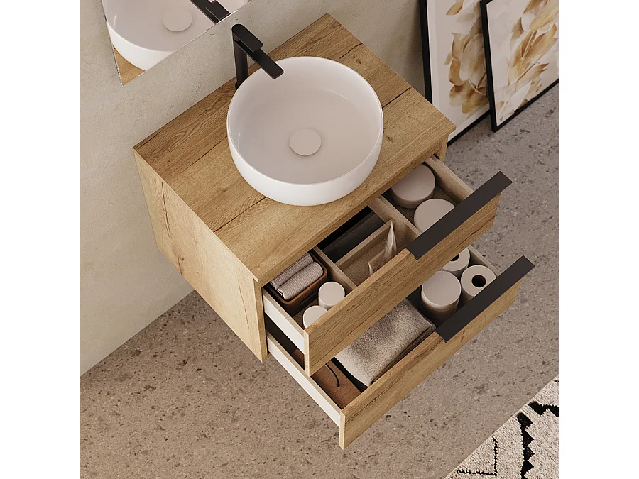 Meuble de salle de bain 60cm avec vasque à poser ronde - 2 tiroirs - sans miroir - roble (chêne clair) - KING