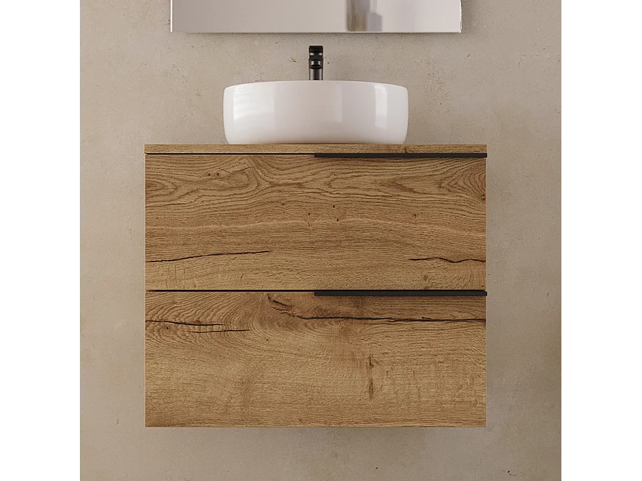 Meuble de salle de bain 60cm avec vasque à poser ronde - 2 tiroirs - sans miroir - roble (chêne clair) - KING