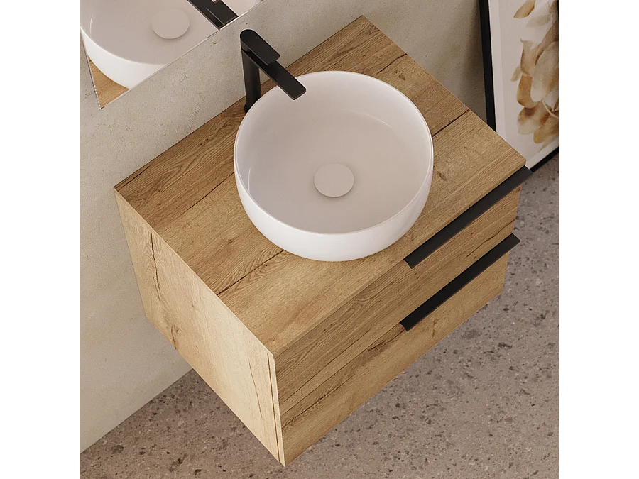 Meuble de salle de bain 60cm avec vasque à poser ronde - 2 tiroirs - sans miroir - roble (chêne clair) - KING