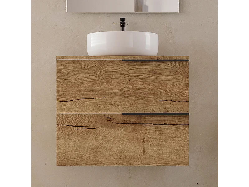 Meuble de salle de bain 60cm avec vasque à poser ronde - 2 tiroirs - sans miroir - roble (chêne clair) - KING