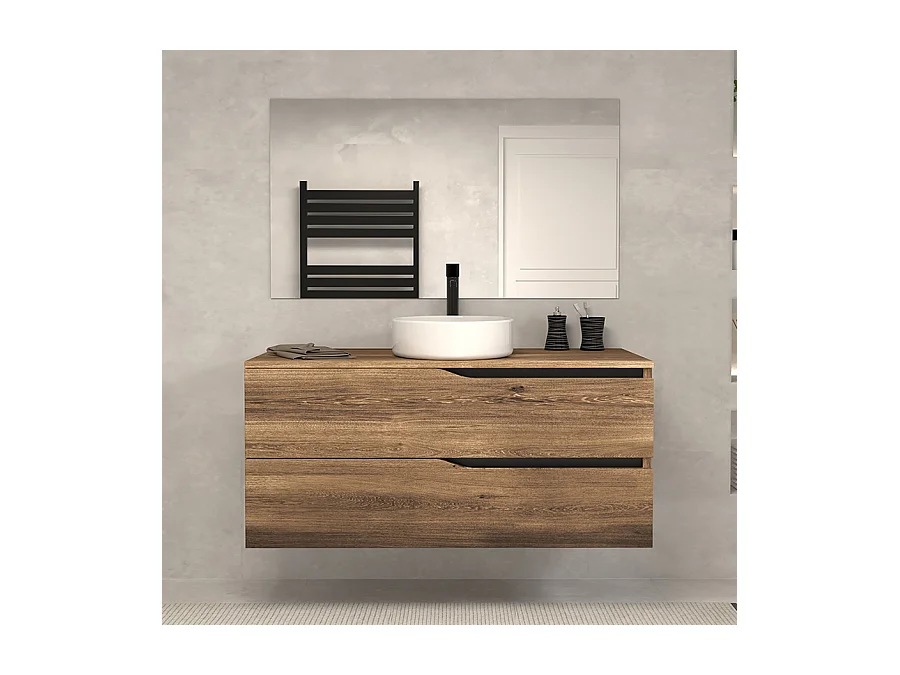 Meuble de salle de bain 120 avec plateau et vasque à poser - 2 tiroirs - tabaco (bois foncé) - LUNA