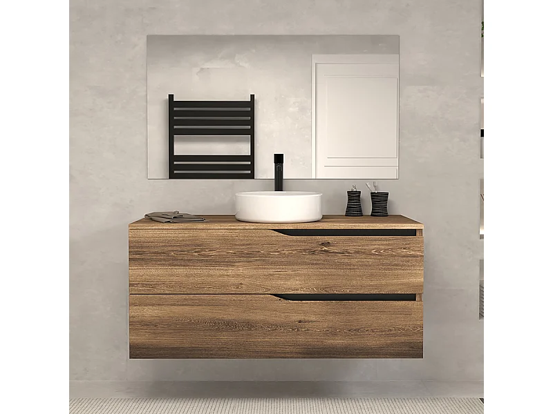 Meuble de salle de bain 120 avec plateau et vasque à poser - 2 tiroirs - tabaco (bois foncé) - LUNA