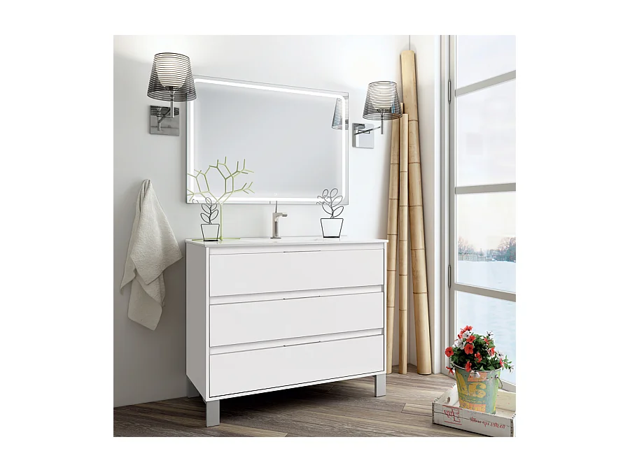 Meuble de salle de bain simple vasque - 3 tiroirs - TIRIS 3C et miroir Led VELDI - blanc - 80cm