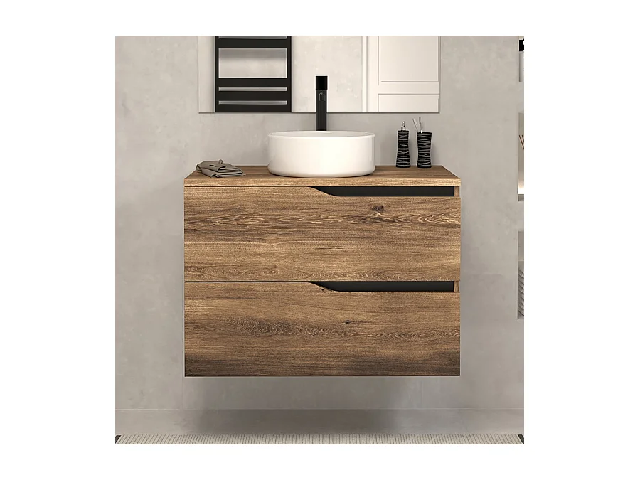 Meuble de salle de bain 70cm avec plateau et vasque à poser - 2 tiroirs - sans miroir - tabaco (bois foncé) - LUNA