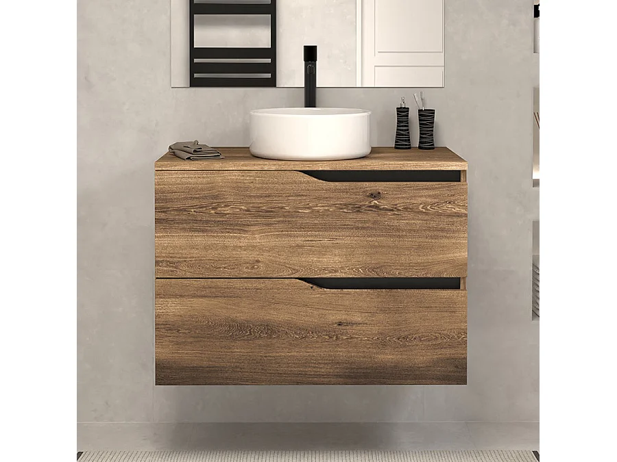 Meuble de salle de bain 70cm avec plateau et vasque à poser - 2 tiroirs - sans miroir - tabaco (bois foncé) - LUNA