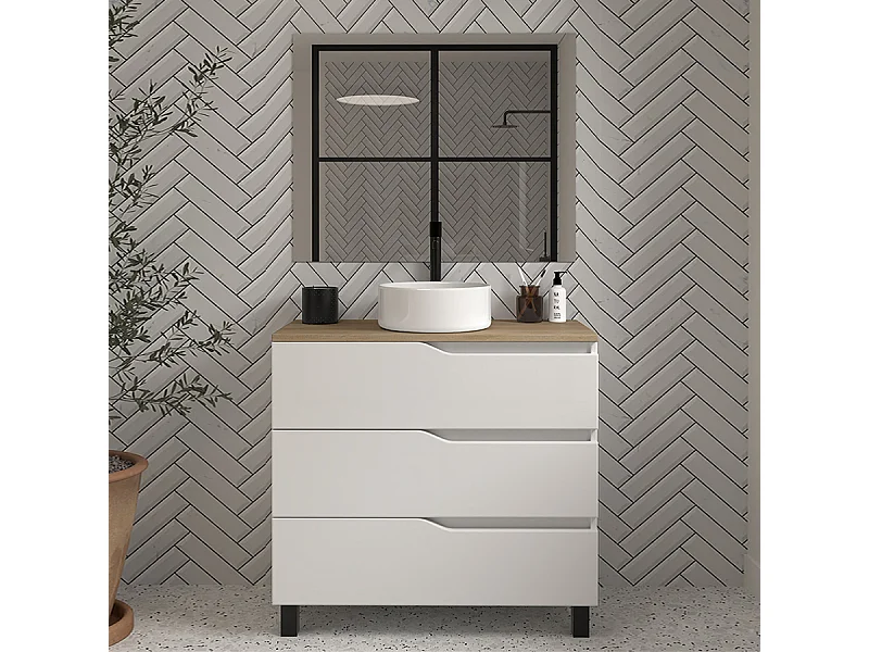 Meuble de salle de bain 60 avec plateau miel et vasque à poser - 3 tiroirs - blanc - MATA