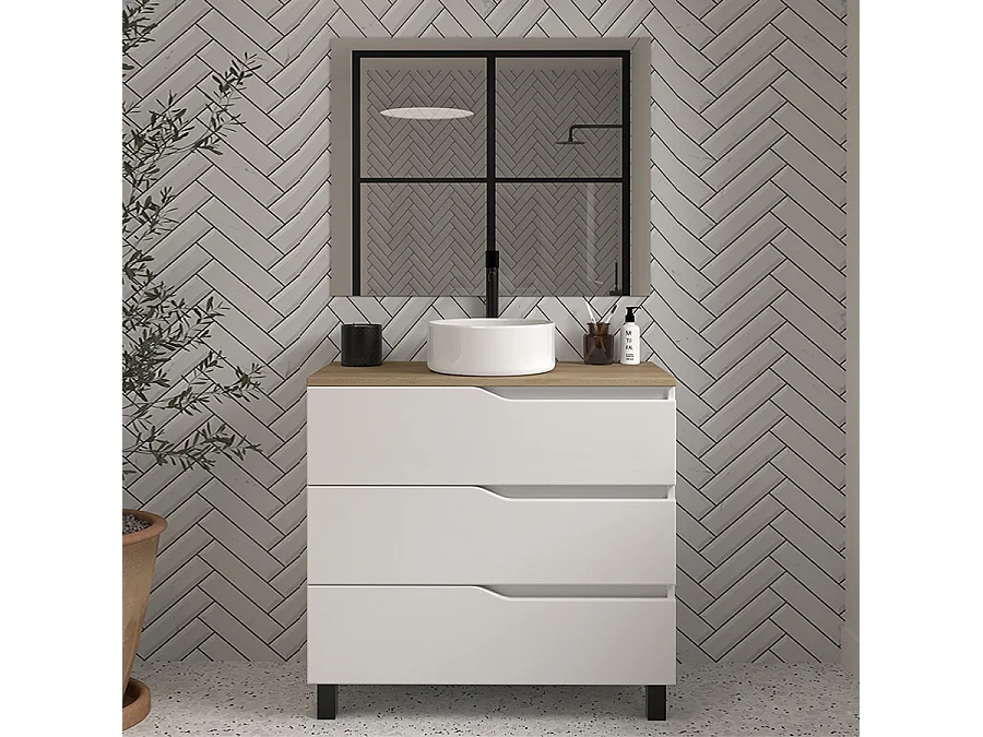 Meuble de salle de bain 60 avec plateau miel et vasque à poser - 3 tiroirs - blanc - MATA