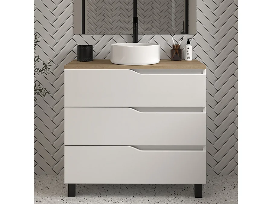 Meuble de salle de bain 60 avec plateau miel et vasque à poser - 3 tiroirs - blanc - MATA