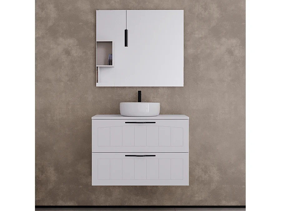 Meuble de salle de bain 80cm avec plateau et vasque à poser ronde - 2 tiroirs - blanc - PIA