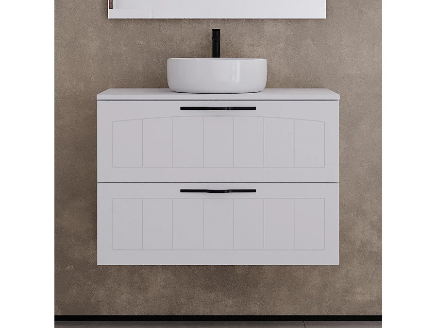 Meuble de salle de bain 80cm avec plateau et vasque à poser ronde - 2 tiroirs - blanc - PIA