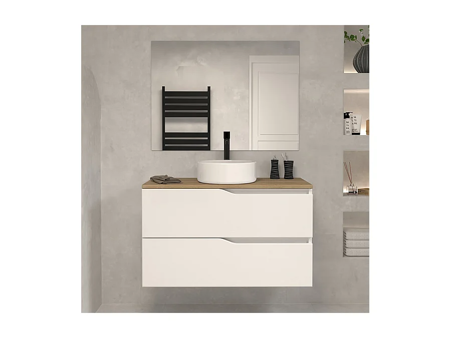 Meuble de salle de bain 90cm avec plateau miel et vasque à poser - 2 tiroirs - blanc - LUNA