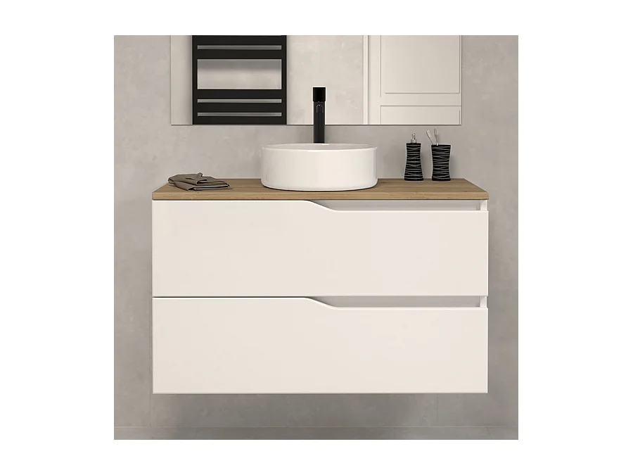 Meuble de salle de bain 90cm avec plateau miel et vasque à poser - 2 tiroirs - blanc - LUNA