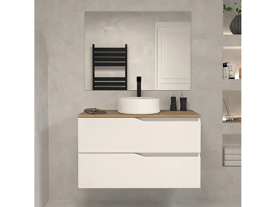 Meuble de salle de bain 90cm avec plateau miel et vasque à poser - 2 tiroirs - blanc - LUNA