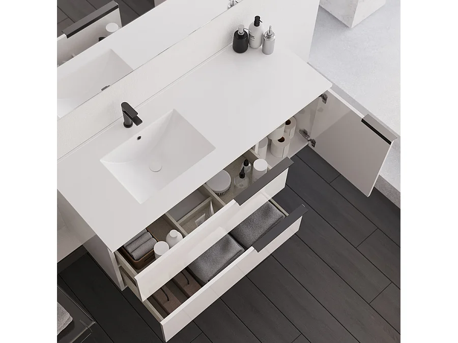 Meuble de salle de bain 120cm avec vasque déportée - 2 tiroirs- blanc - KING