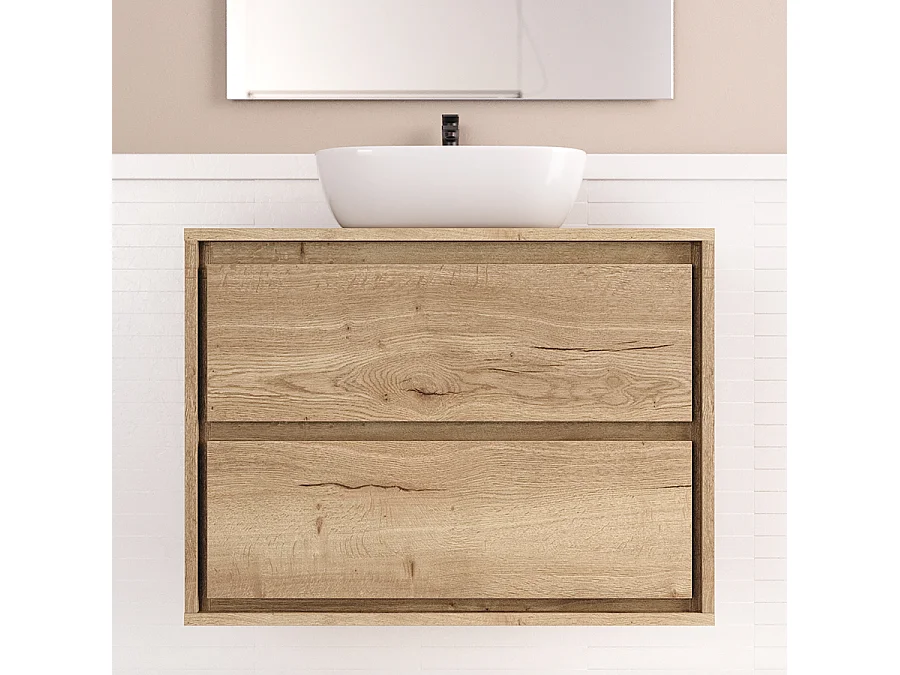 Meuble de salle de bain 80cm avec vasque à poser arrondie - 2 tiroirs - sans miroir - roble sanctuary (chêne clair) - ETIO