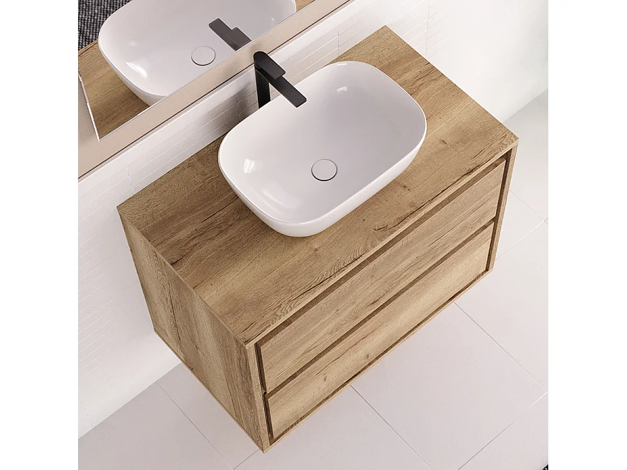 Meuble de salle de bain 80cm avec vasque à poser arrondie - 2 tiroirs - sans miroir - roble sanctuary (chêne clair) - ETIO