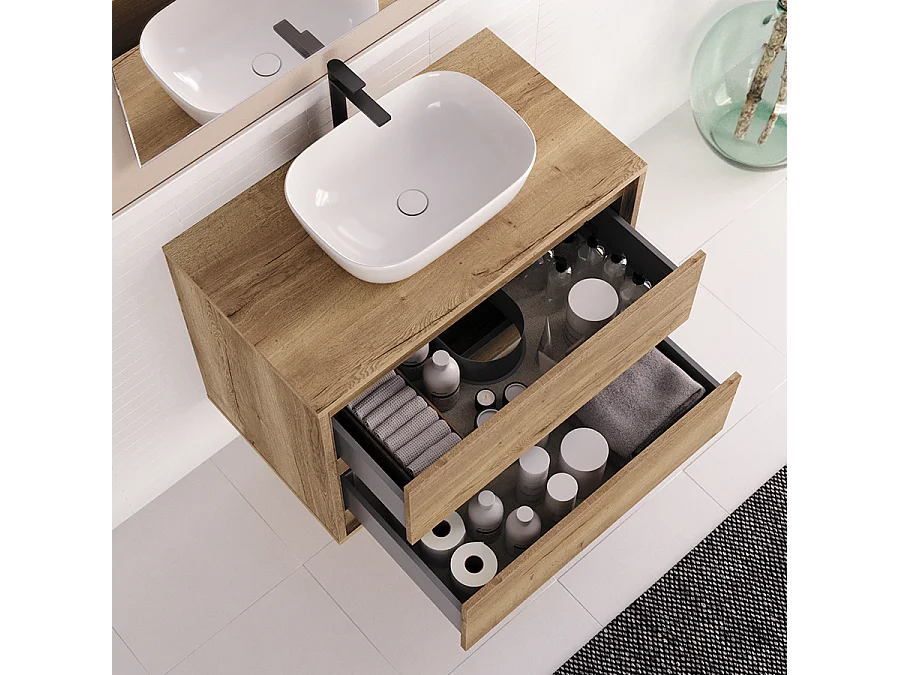 Meuble de salle de bain 80cm avec vasque à poser arrondie - 2 tiroirs - sans miroir - roble sanctuary (chêne clair) - ETIO