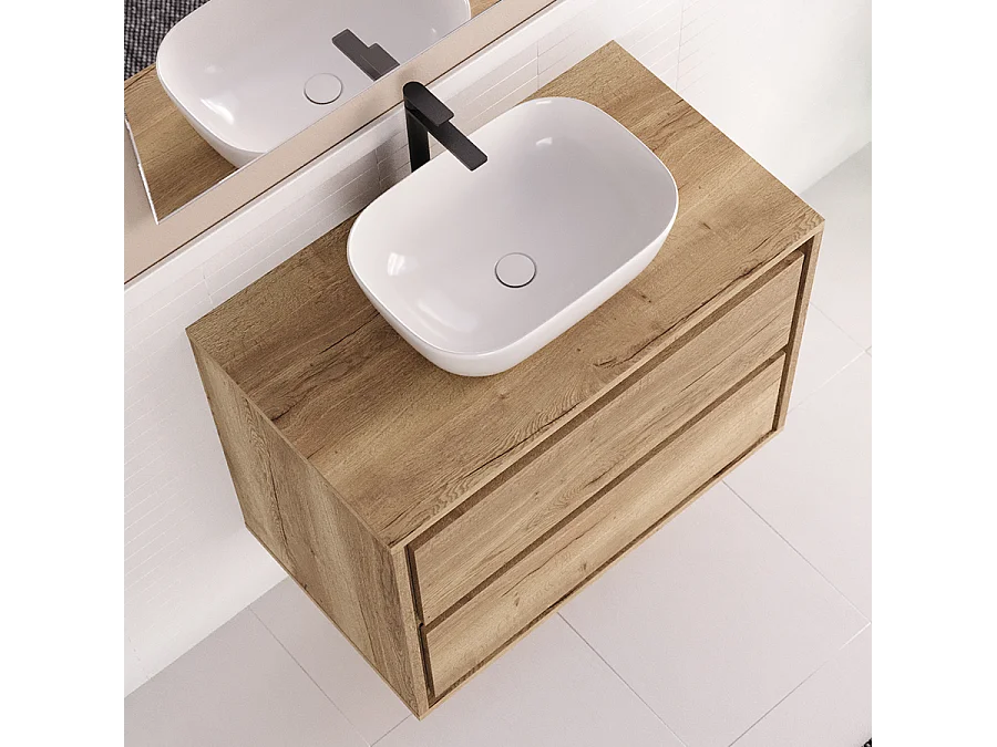 Meuble de salle de bain 80cm avec vasque à poser arrondie - 2 tiroirs - sans miroir - roble sanctuary (chêne clair) - ETIO
