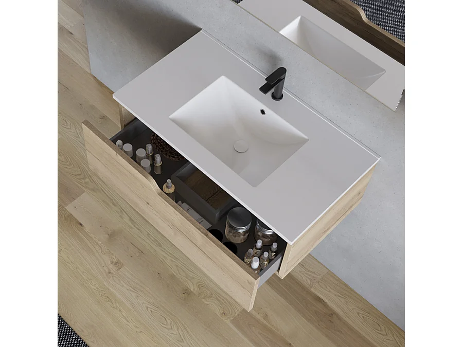 Meuble de salle de bain 80cm avec vasque à poser ronde - 1 tiroir - madera miel (chêne clair) - CADIX