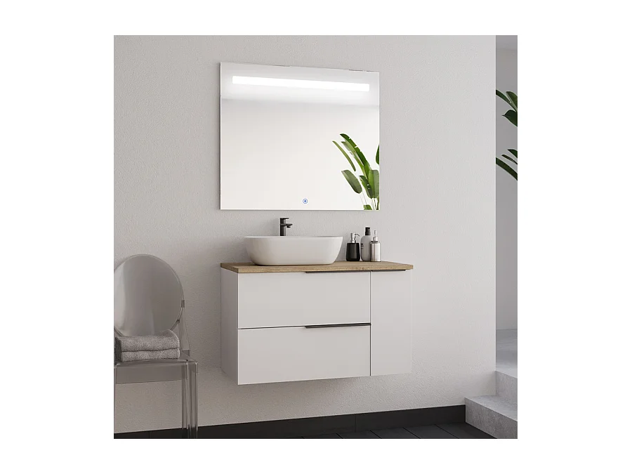 Meuble de salle de bain 80cm avec vasque à poser arrondie - blanc - KING et miroir led STAM