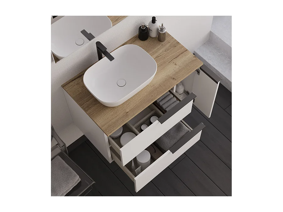 Meuble de salle de bain 80cm avec vasque à poser arrondie - blanc - KING et miroir led STAM