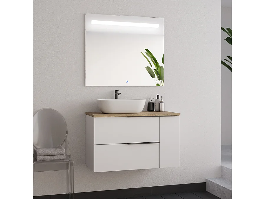 Meuble de salle de bain 80cm avec vasque à poser arrondie - blanc - KING et miroir led STAM