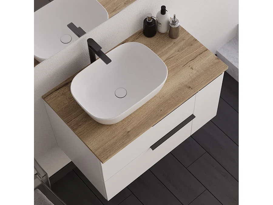 Meuble de salle de bain 80cm avec vasque à poser arrondie - blanc - KING et miroir led STAM