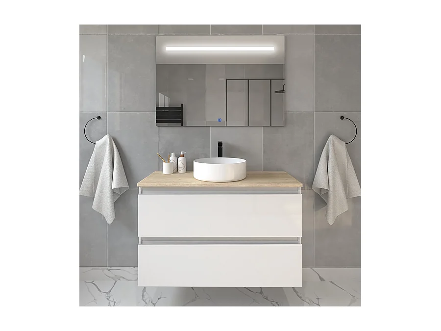 Meuble de salle de bain avec vasque à poser ronde BALEA et miroir Led STAM - Blanc - 80cm