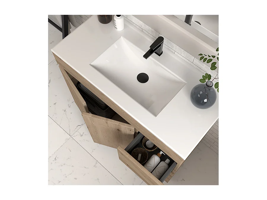 Meuble de salle de bain 100cm simple vasque sans miroir sur pieds avec portes et tiroirs - cambrian (chêne clair) - HARO