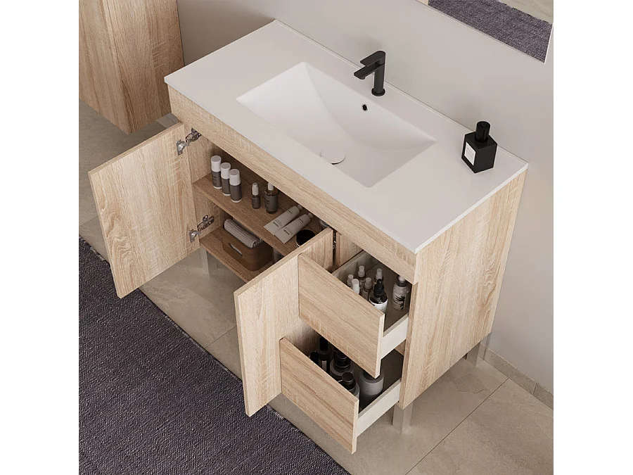 Meuble de salle de bain 100cm simple vasque sans miroir sur pieds avec portes et tiroirs - cambrian (chêne clair) - HARO