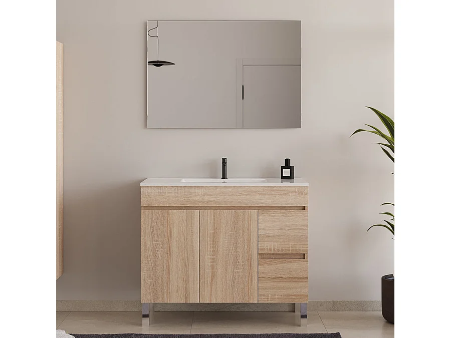 Meuble de salle de bain 100cm simple vasque sans miroir sur pieds avec portes et tiroirs - cambrian (chêne clair) - HARO