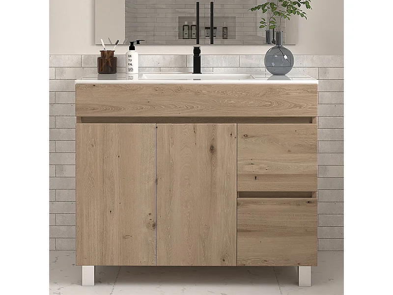 Meuble de salle de bain 100cm simple vasque sans miroir sur pieds avec portes et tiroirs - cambrian (chêne clair) - HARO