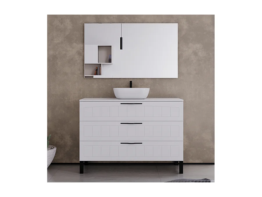 Meuble de salle de bain 120cm avec plateau et vasque à poser ovale - 3 tiroirs - blanc - CALA