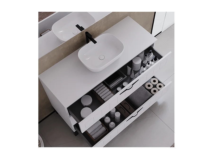 Meuble de salle de bain 120cm avec plateau et vasque à poser ovale - 3 tiroirs - blanc - CALA