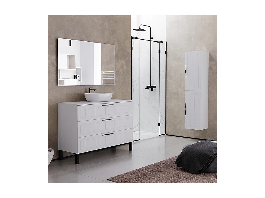 Meuble de salle de bain 120cm avec plateau et vasque à poser ovale - 3 tiroirs - blanc - CALA