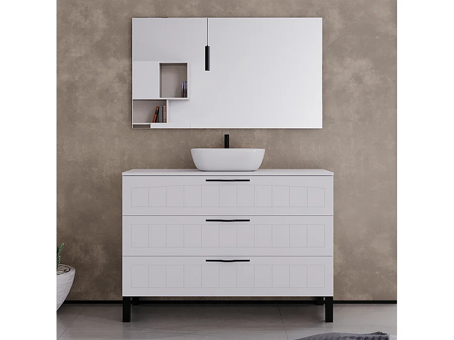 Meuble de salle de bain 120cm avec plateau et vasque à poser ovale - 3 tiroirs - blanc - CALA