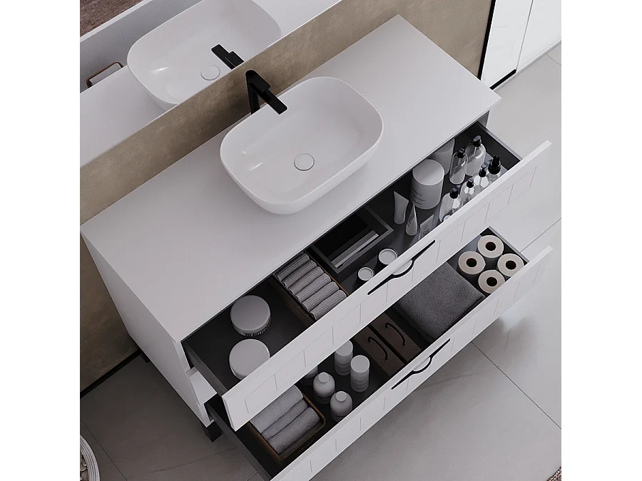 Meuble de salle de bain 120cm avec plateau et vasque à poser ovale - 3 tiroirs - blanc - CALA