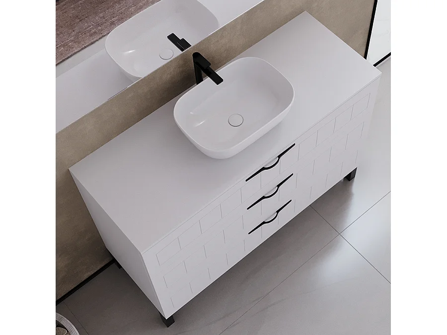Meuble de salle de bain 120cm avec plateau et vasque à poser ovale - 3 tiroirs - blanc - CALA
